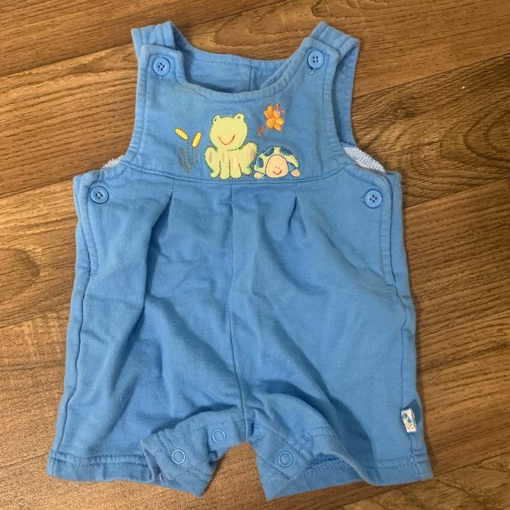 3/$18 Vintage Blue Frog Turtle Bee 0-3 months baby overalls